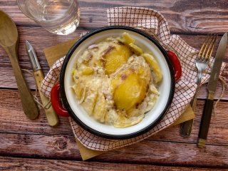 Truffade à la dinde fumée et légumes rôtis